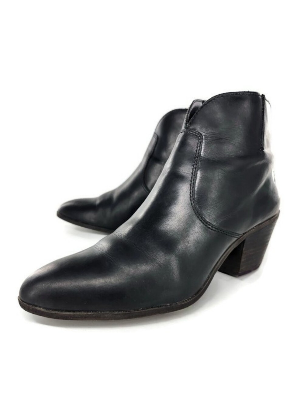 Frye Jennifer Black Leather Almond-Toe Pull-On Side-Zip Block Heel Ankle Booties